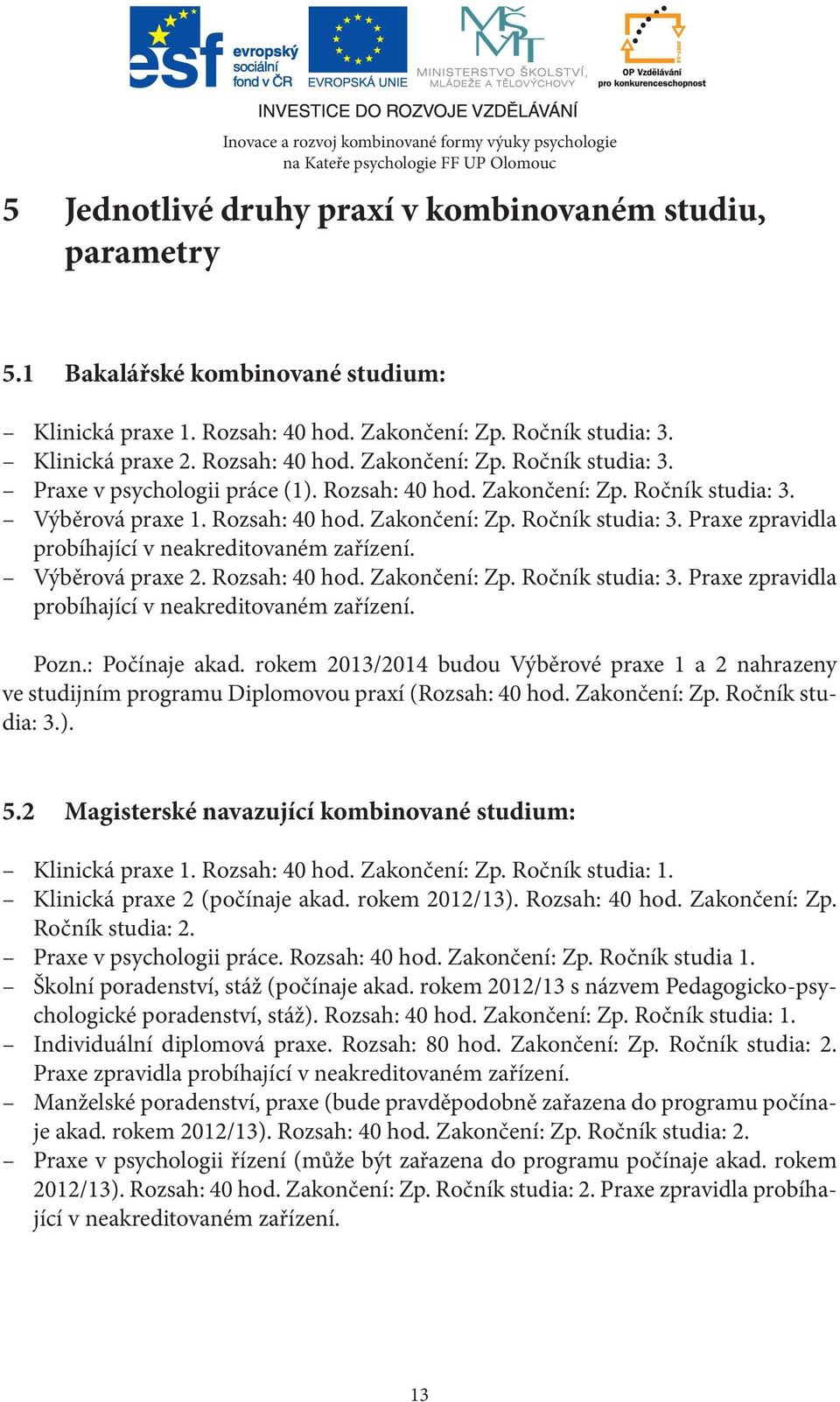 Rozsah: 40 hod. Zakončení: Zp. Ročník studia: 3. Praxe zpravidla probíhající v neakreditovaném zařízení. Pozn.: Počínaje akad.