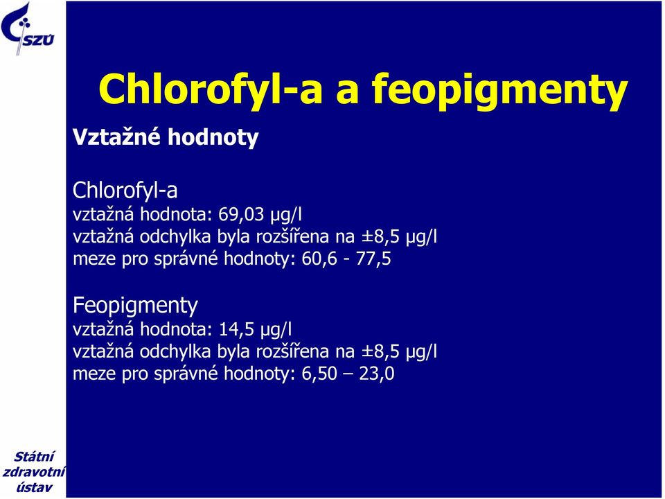 pro správné hodnoty:, - 77,5 Feopigmenty vztažná hodnota:,5 μg/l