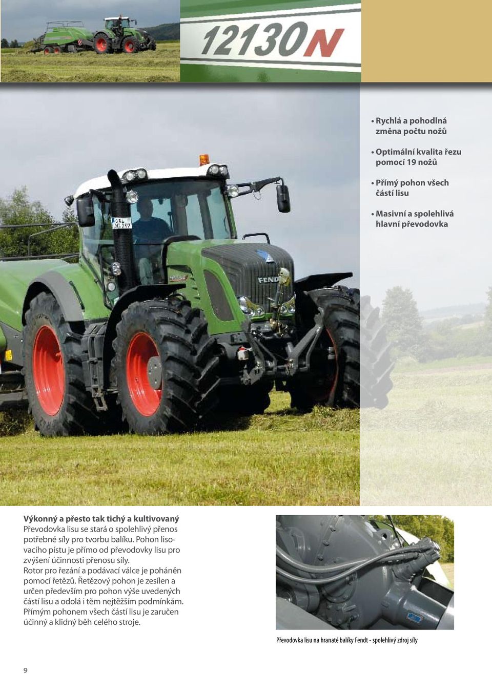 Pohon lisovacího pístu je přímo od převodovky lisu pro zvýšení účinnosti přenosu síly. Rotor pro řezání a podávací válce je poháněn pomocí řetězů.