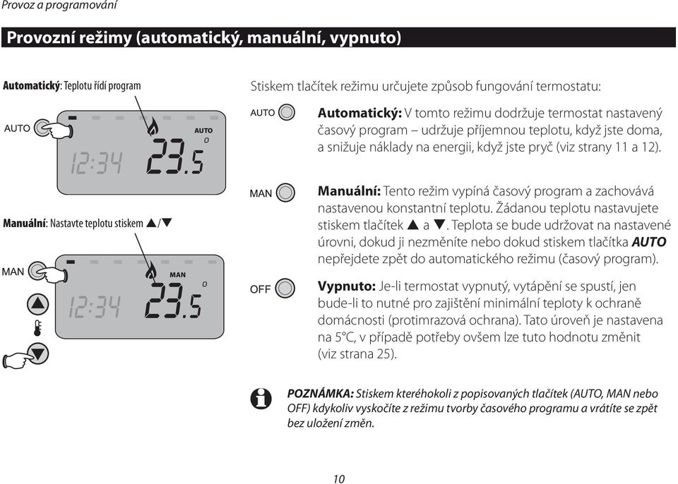 Manuální: Tento režim vypíná časový program a zachovává nastavenou konstantní teplotu. Žádanou teplotu nastavujete stiskem tlačítek a.