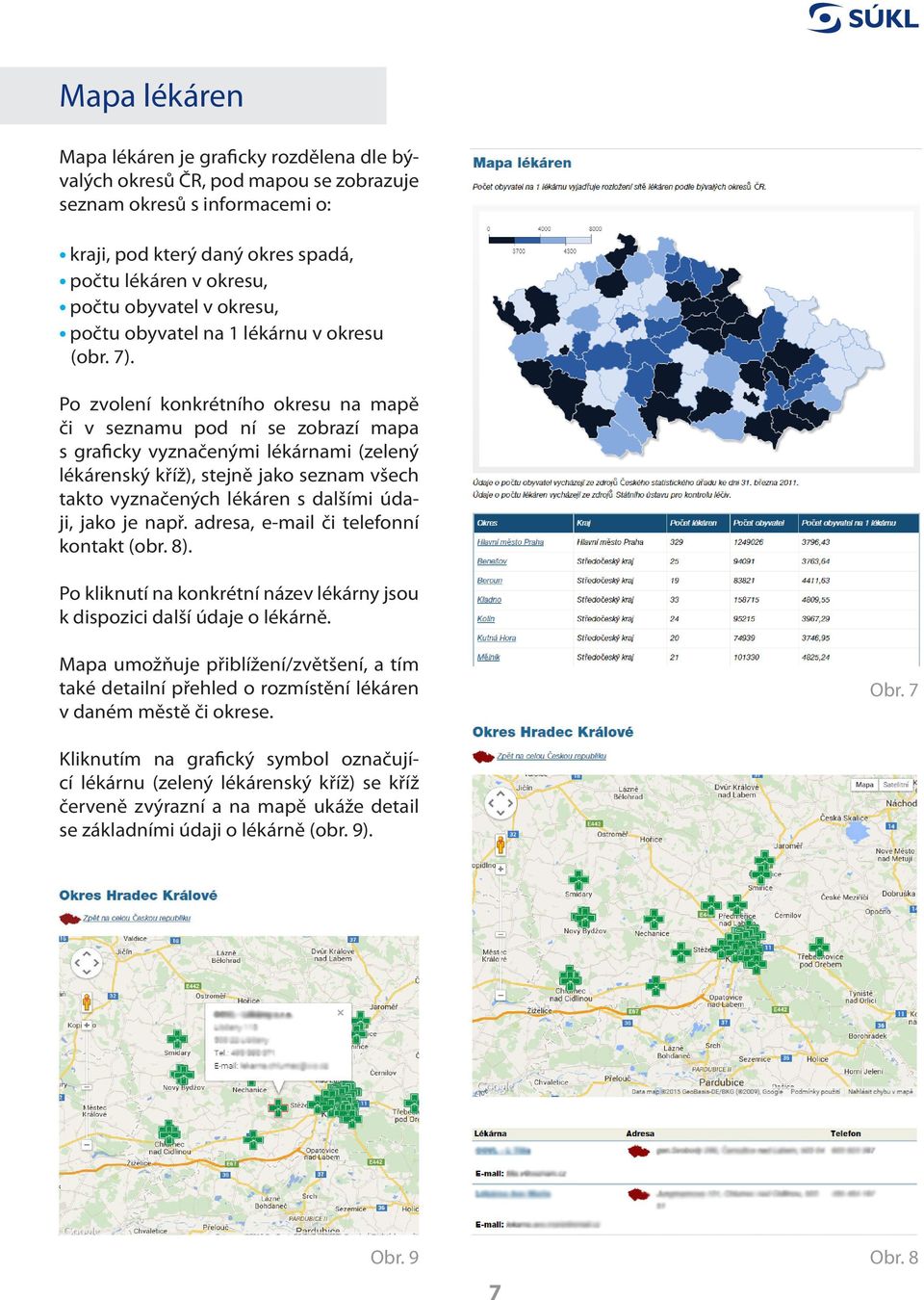 Po zvolení konkrétního okresu na mapě či v seznamu pod ní se zobrazí mapa s graficky vyznačenými lékárnami (zelený lékárenský kříž), stejně jako seznam všech takto vyznačených lékáren s dalšími