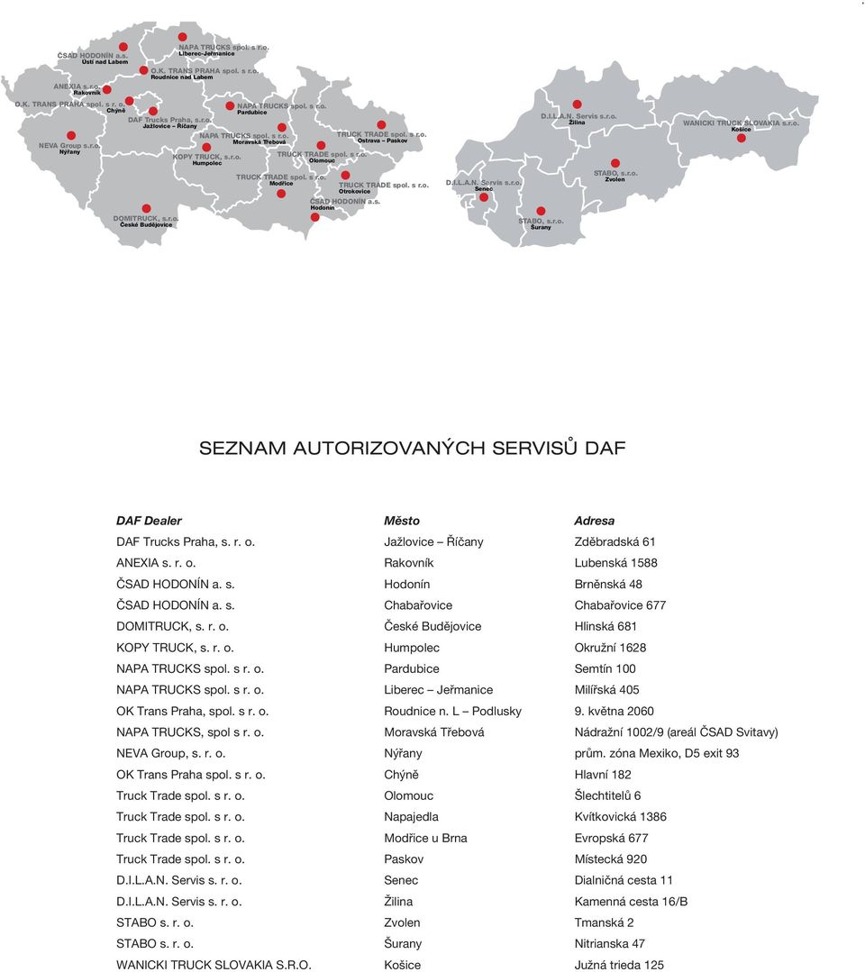 s r.o. Ostrava Paskov 29 TRUCK TRADE spol. s r.o. Olomouc TRUCK TRADE spol. s r.o. Modřice 27 33 TRUCK TRADE spol. s r.o. Otrokovice ČSAD HODONÍN a.s. Hodonín 35 D.I.L.A.N. Servis s.r.o. Senec 37 39 STABO, s.