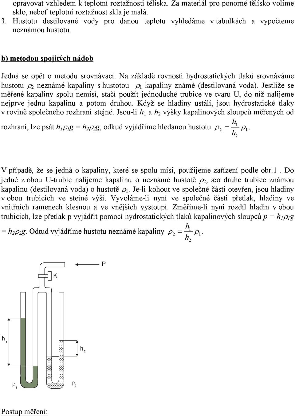 stačí pužít jednduché trubice ve tvaru U, d níž naijeme nejprve jednu kapainu a ptm druhu Když se hadiny ustáí, jsu hydrstatické taky v rvině spečnéh rzhraní stejné Jsu-i h a h výšky kapainvých supců