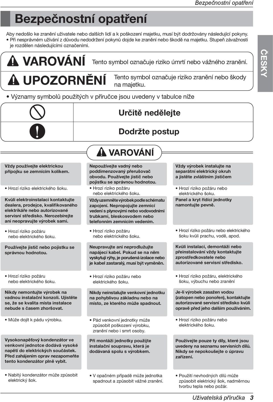 VAROVÁNÍ UPOZORNĚNÍ Tento symbol označuje riziko úmrtí nebo vážného zranění. Tento symbol označuje riziko zranění nebo škody na majetku.