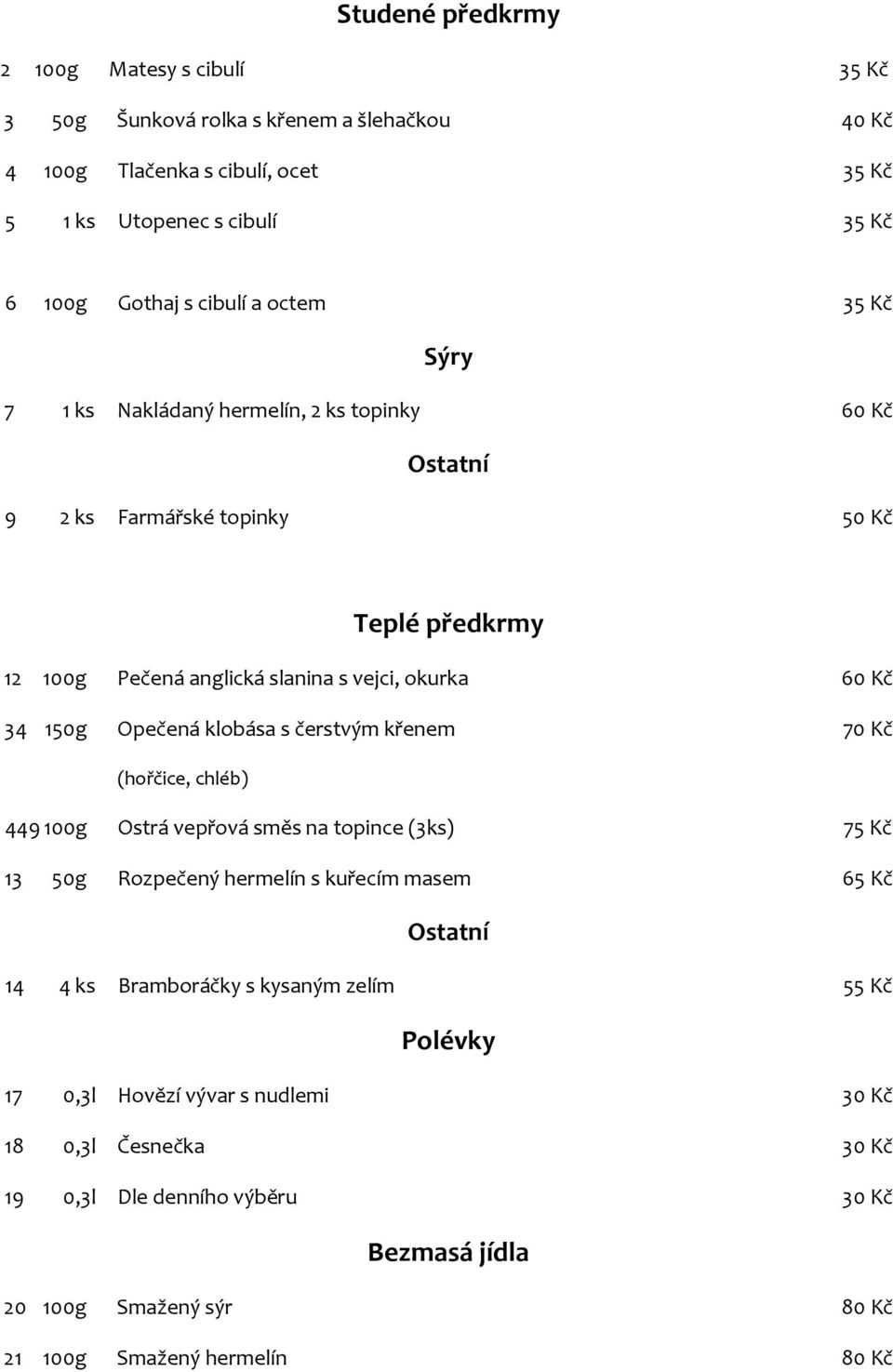 Opečená klobása s čerstvým křenem 70 Kč (hořčice, chléb) 449 100g Ostrá vepřová směs na topince (3ks) 75 Kč 13 50g Rozpečený hermelín s kuřecím masem 65 Kč Ostatní 14 4 ks Bramboráčky s