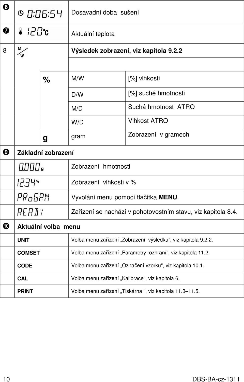 % Vyvolání menu pomocí tlačítka MENU. Zařízení se nachází v pohotovostním stavu, viz kapitola 8.4.