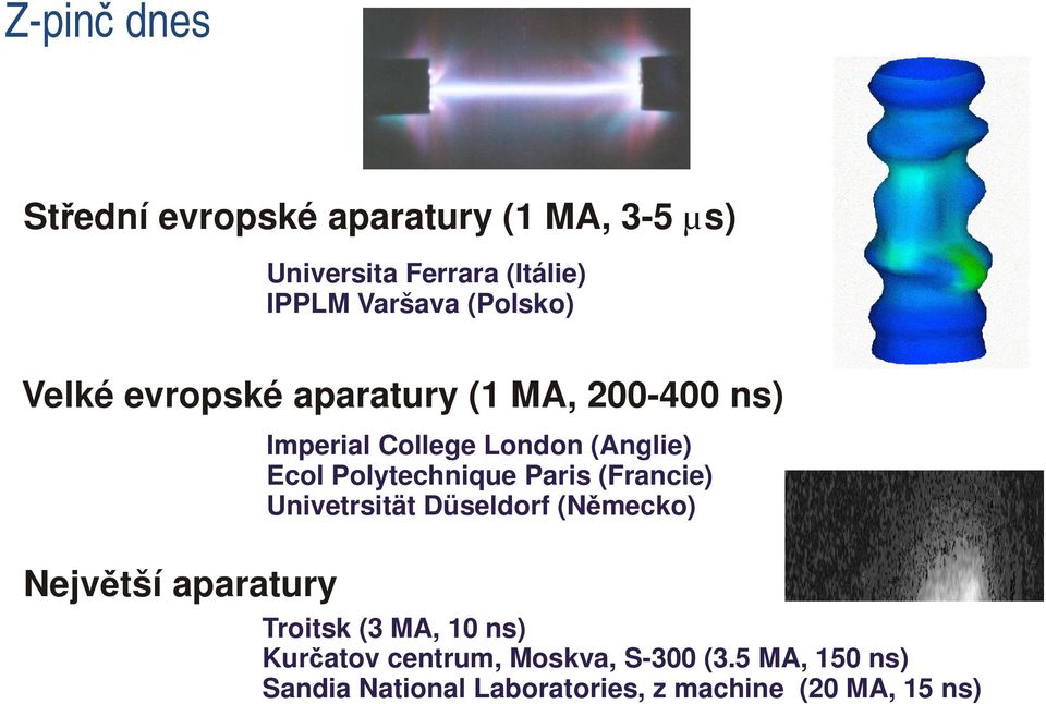 Polytechnique Paris (Francie) Univetrsität Düseldorf (Německo) Největší aparatury Troitsk (3 MA,