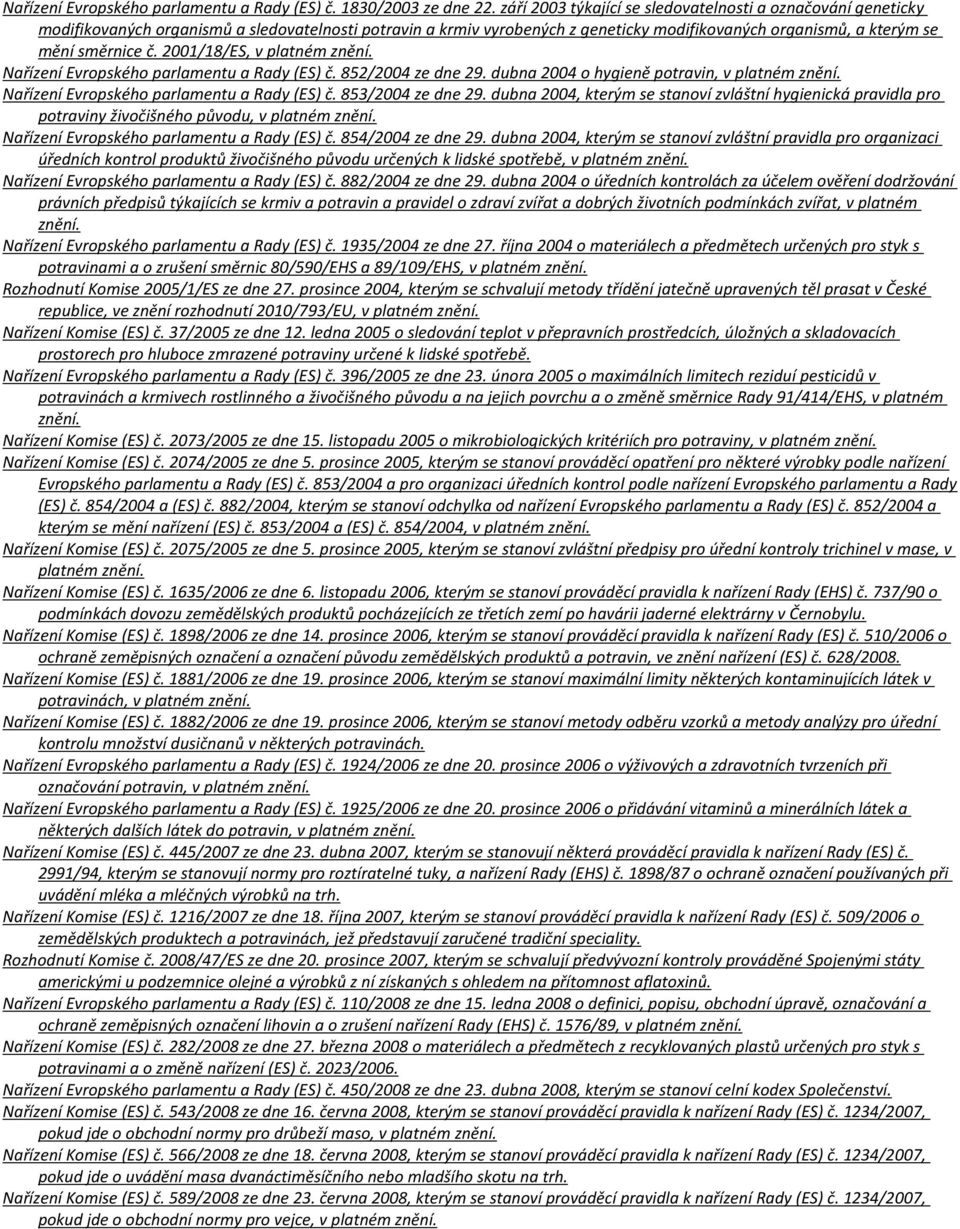 2001/18/ES, v platném znění. Nařízení Evropského parlamentu a Rady (ES) č. 852/2004 ze dne 29. dubna 2004 o hygieně potravin, v platném znění. Nařízení Evropského parlamentu a Rady (ES) č. 853/2004 ze dne 29.