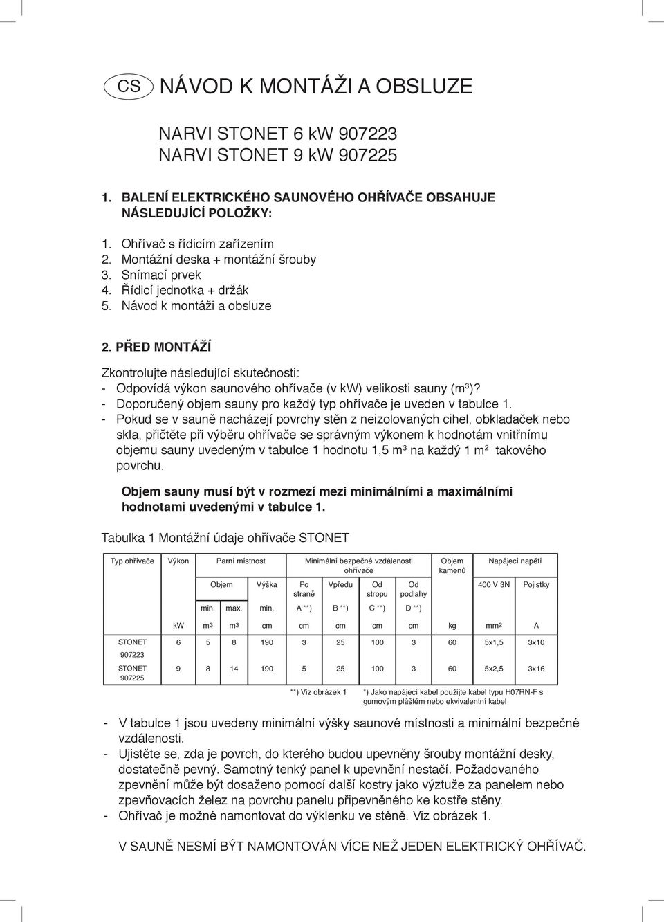 PŘED MONTÁŽÍ Zkontrolujte následující skutečnosti: Odpovídá výkon saunového ohřívače (v kw) velikosti sauny (m 3 )? Doporučený objem sauny pro každý typ ohřívače je uveden v tabulce 1.