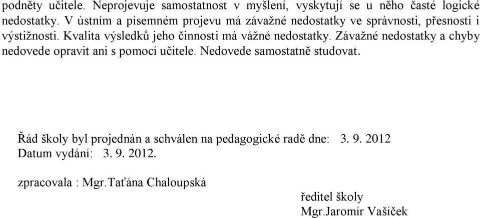 Kvalita výsledků jeho činnosti má vážné nedostatky. Závažné nedostatky a chyby nedovede opravit ani s pomocí učitele.