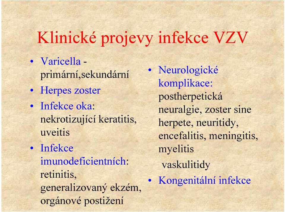 ekzém, orgánové postižení Neurologické komplikace: postherpetická neuralgie, li zoster