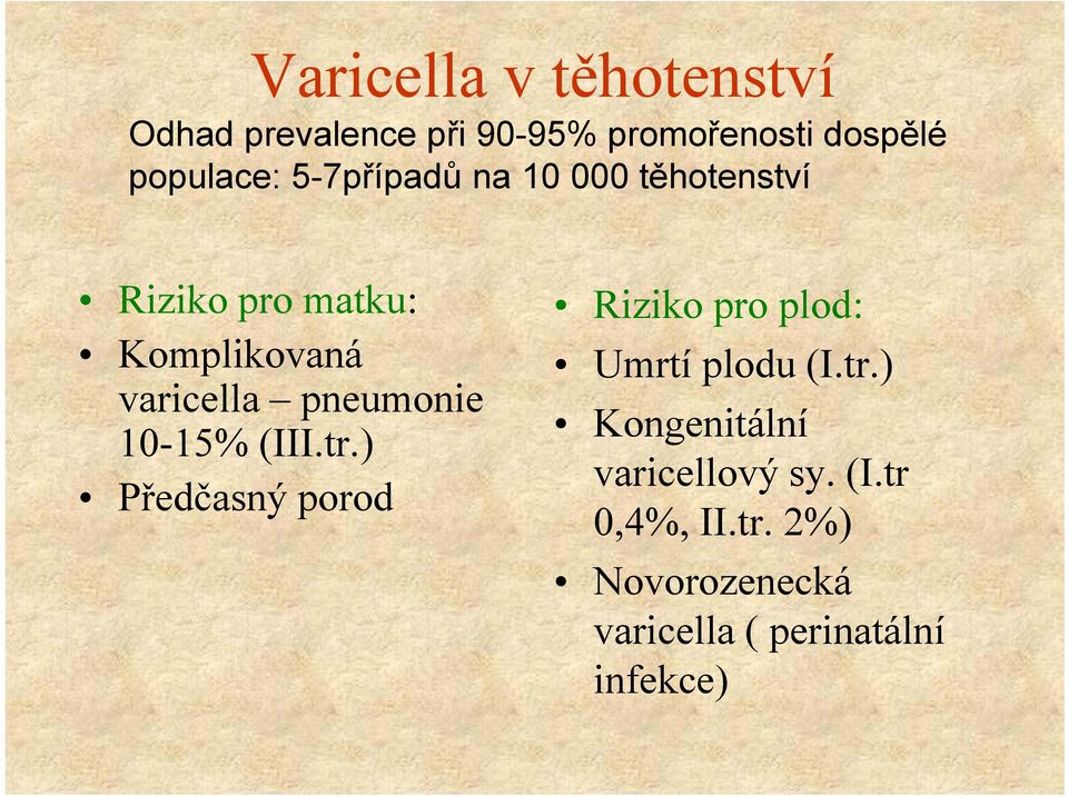 Umrtí plodu (I.tr.) varicella pneumonie 10-15% (III.tr.) Kongenitální varicellový sy.