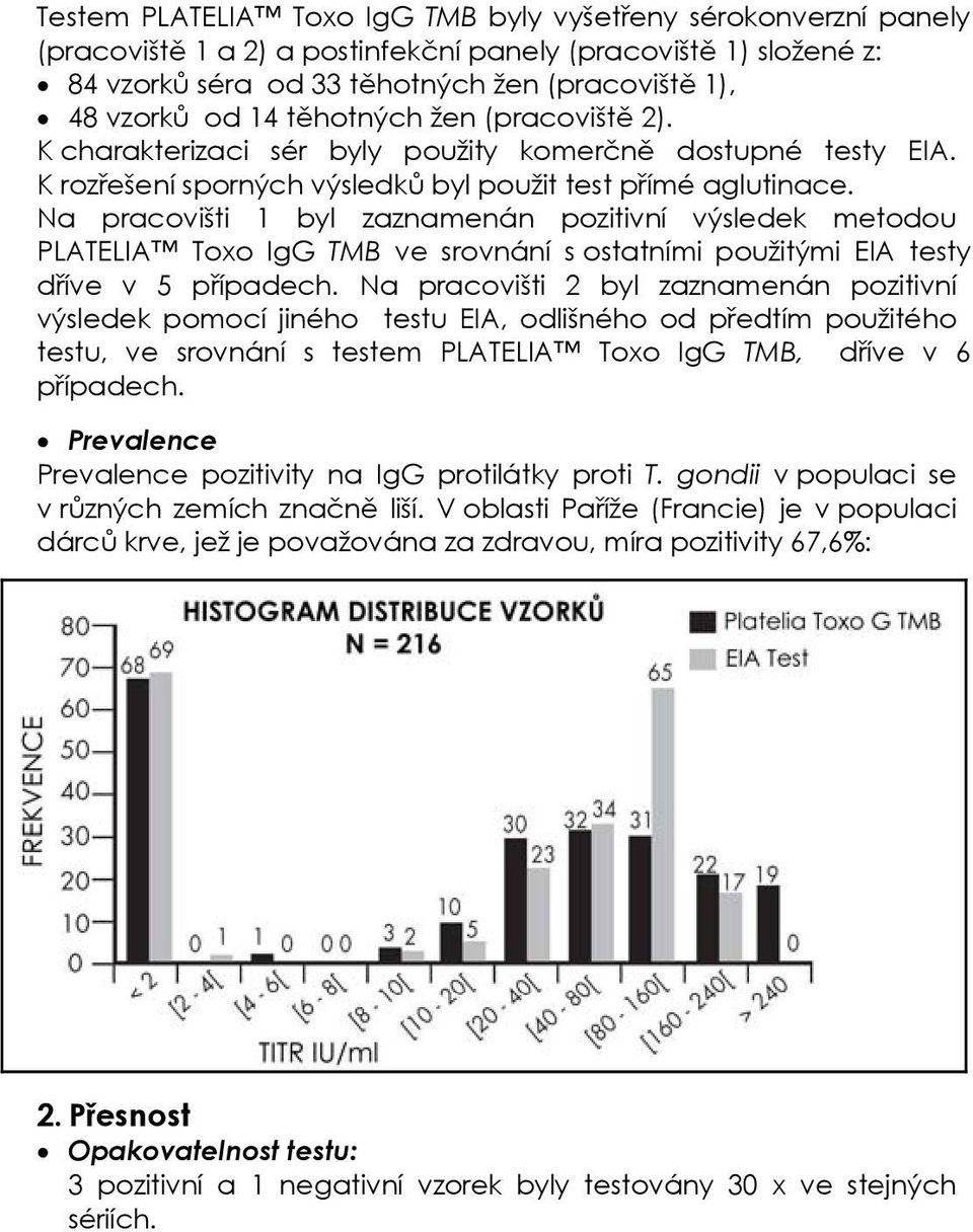 Na pracovišti 1 byl zaznamenán pozitivní výsledek metodou PLATELIA Toxo IgG TMB ve srovnání s ostatními použitými EIA testy dříve v 5 případech.