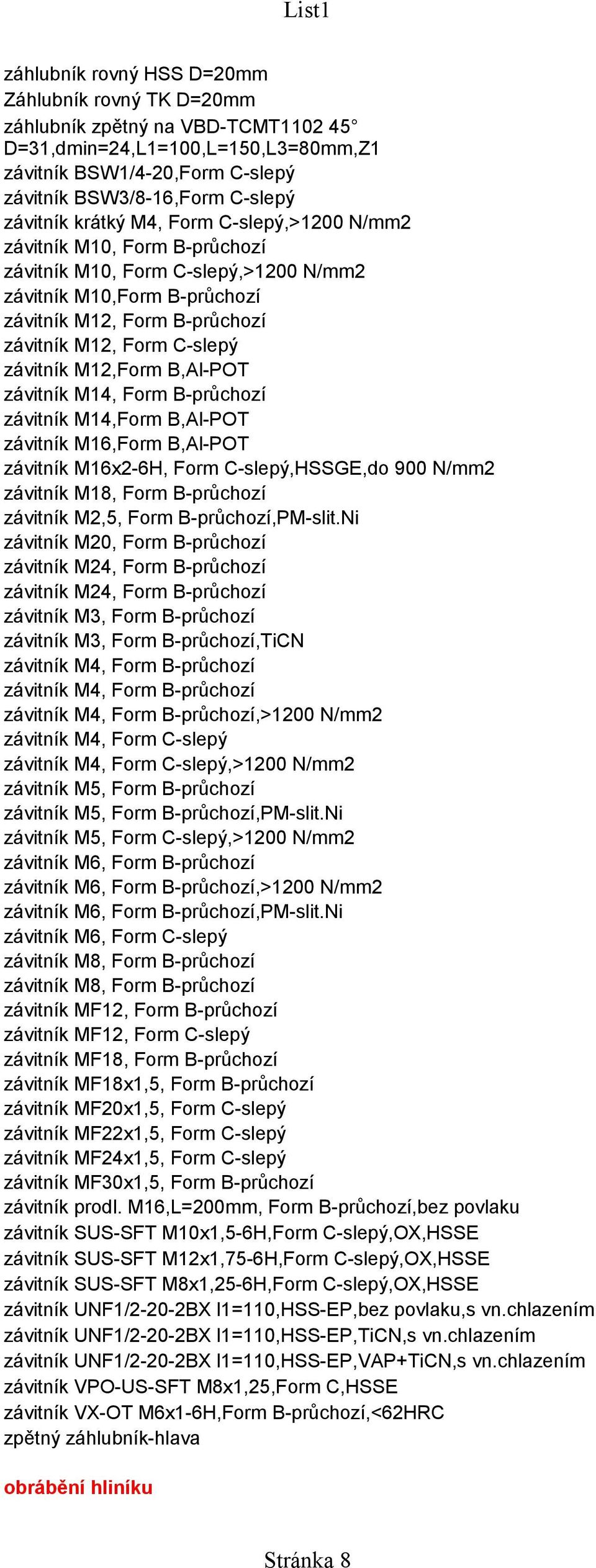 M12,Form B,Al-POT závitník M14, Form B-průchozí závitník M14,Form B,Al-POT závitník M16,Form B,Al-POT závitník M16x2-6H, Form C-slepý,HSSGE,do 900 N/mm2 závitník M18, Form B-průchozí závitník M2,5,