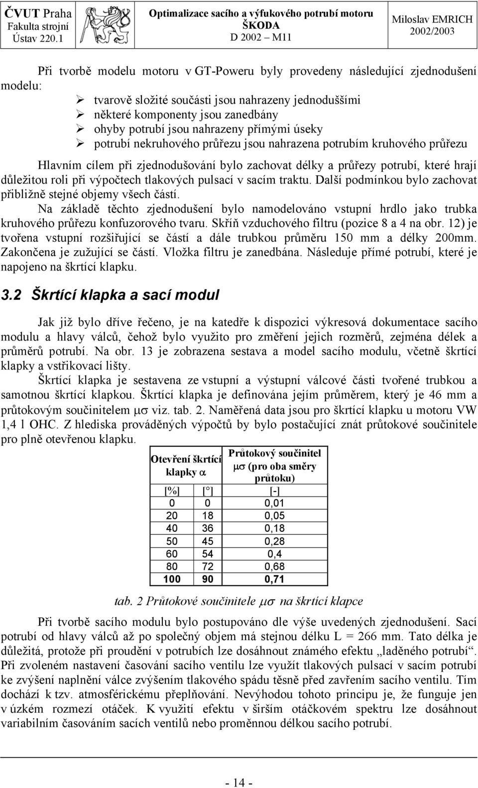 výpočtech tlakových pulsací v sacím traktu. Další podmínkou bylo zachovat přibližně stejné objemy všech částí.