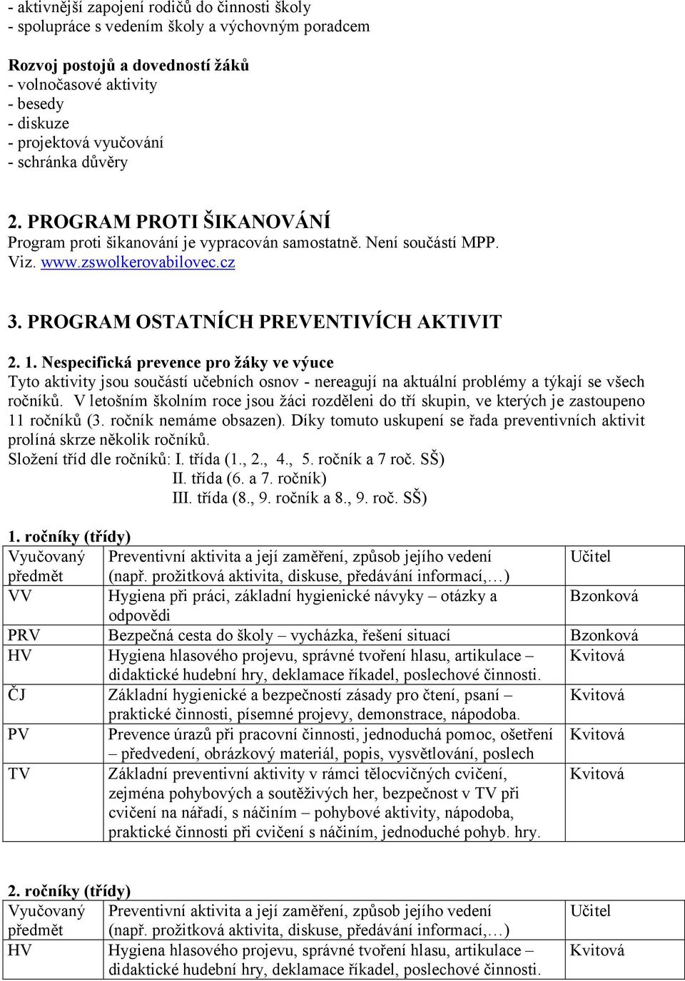 Nespecifická prevence pro žáky ve výuce Tyto aktivity jsou součástí učebních osnov - nereagují na aktuální problémy a týkají se všech ročníků.