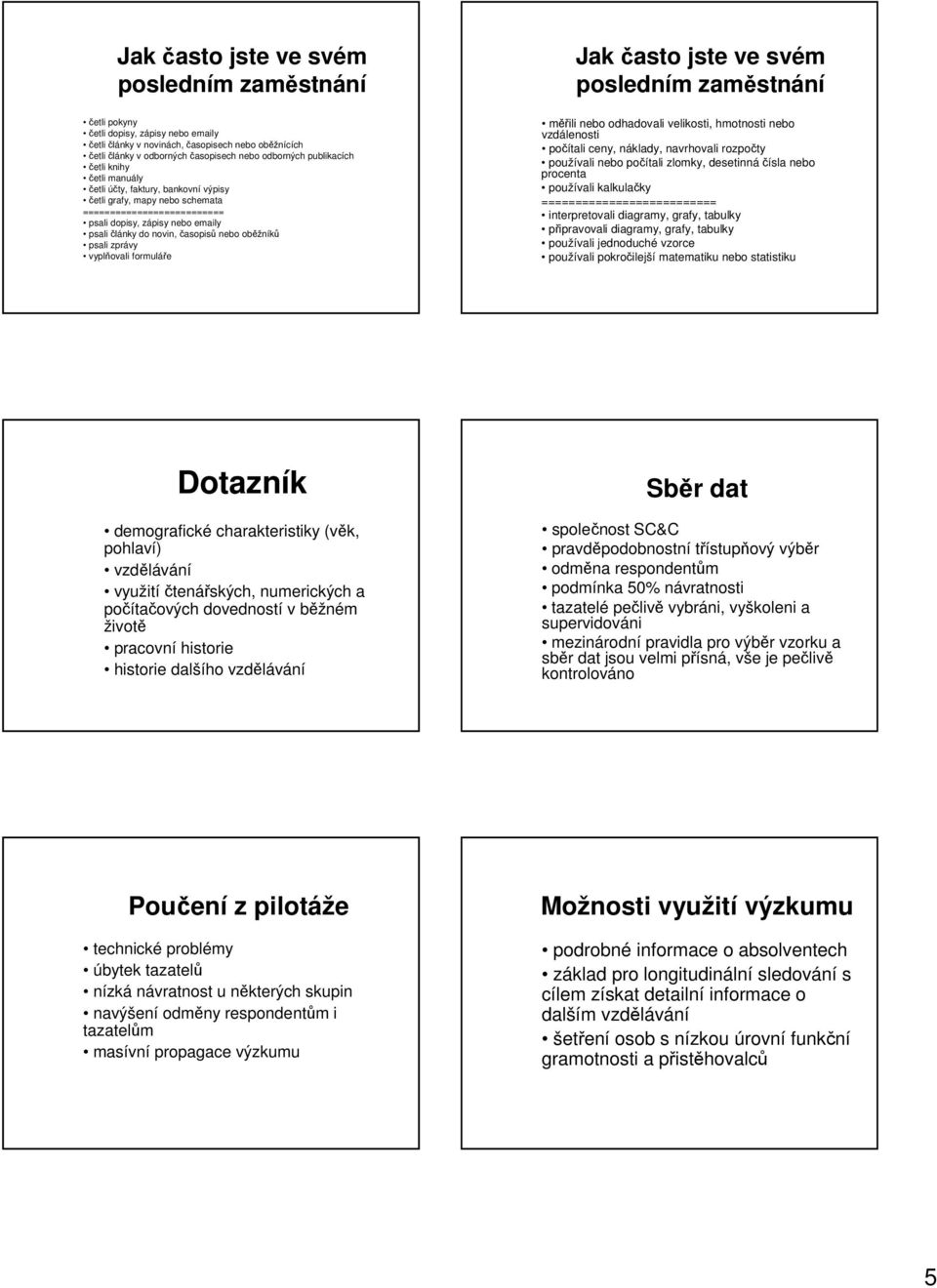 vyplňovali formuláře Jak často jste ve svém posledním zaměstnání měřili nebo odhadovali velikosti, hmotnosti nebo vzdálenosti počítali ceny, náklady, navrhovali rozpočty používali nebo počítali