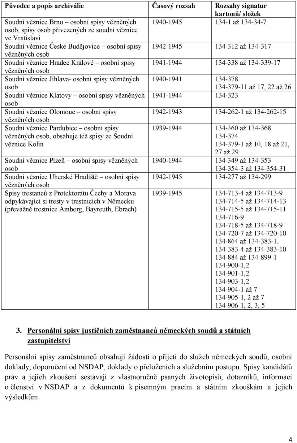 vězněných osob 1940-1941 134-378 134-379-11 až 17, 22 až 26 Soudní věznice Klatovy osobní vězněných 1941-1944 134-323 osob Soudní věznice Olomouc osobní 1942-1943 134-262-1 až 134-262-15 vězněných