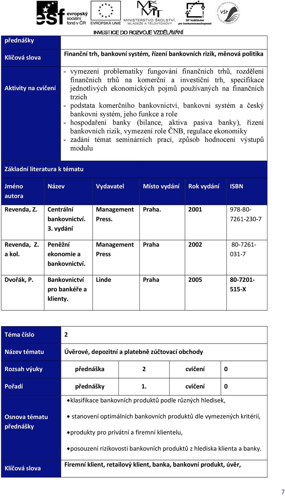 (bilance, aktiva pasiva banky), řízení bankovních rizik, vymezení role ČNB, regulace ekonomiky - zadání tématt seminárních prací, způsob hodnocení výstupů modulu Revenda, Z. Centrální bankovnictví. 3.