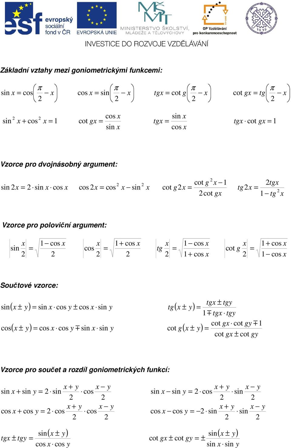 ± cos sin y tg( ± y) ( ± y) cos cos ym sin sin y cot g( ) tg ± tgy m tg tgy cot g cot gym ± y cot g ± cot gy Vzorce pro součet a rozdíl goniometricých funcí: + y