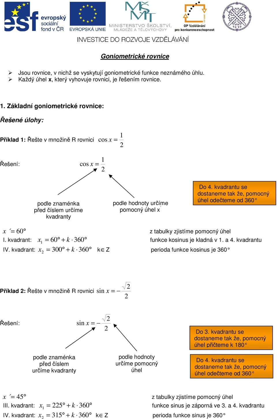 vadrantu se dostaneme ta že, pomocný úhel odečteme od 60 60 z tabuly zjistíme pomocný úhel I. vadrant: 60 + 60 IV. vadrant: 00 + 60 Z perioda funce osinus je 60 funce osinus je ladná v. a 4.