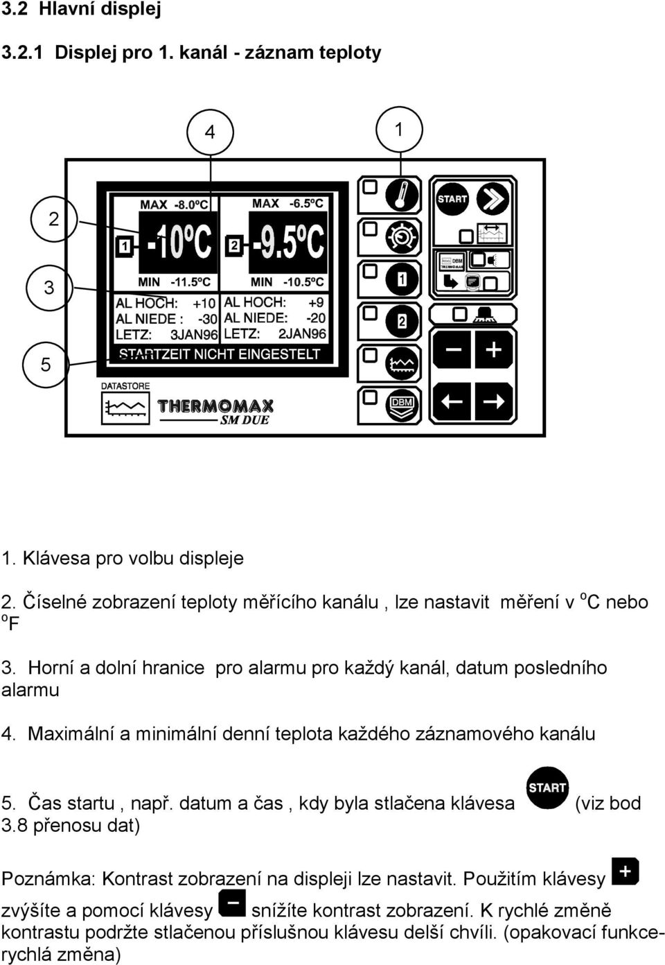 Maximální a minimální denní teplota každého záznamového kanálu 5. Čas startu, např. datum a čas, kdy byla stlačena klávesa (viz bod 3.