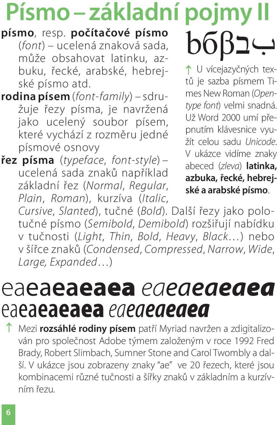 základní řez (Normal, Regular, Plain, Roman), kurzíva (Italic, 6 بבbбβ U vícejazyčných textů je sazba písmem Times New Roman (Opentype font) velmi snadná.