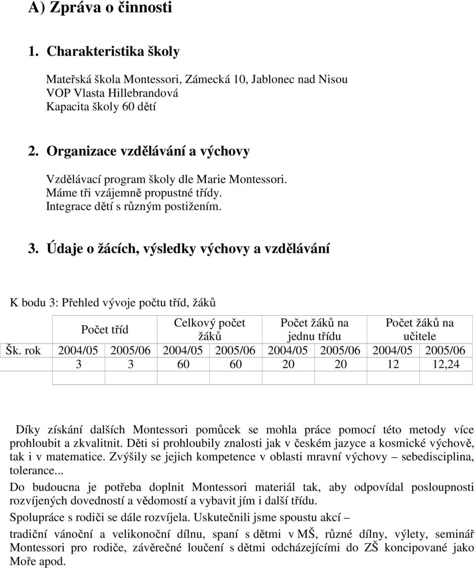 Údaje o žácích, výsledky výchovy a vzdělávání K bodu 3: Přehled vývoje počtu tříd, žáků Celkový počet Počet žáků na Počet žáků na Počet tříd žáků jednu třídu učitele Šk.