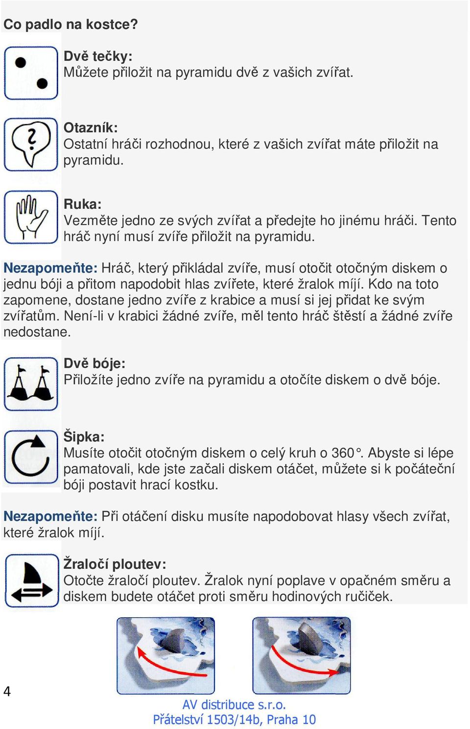 Nezapomeňte: Hráč, který přikládal zvíře, musí otočit otočným diskem o jednu bóji a přitom napodobit hlas zvířete, které žralok míjí.