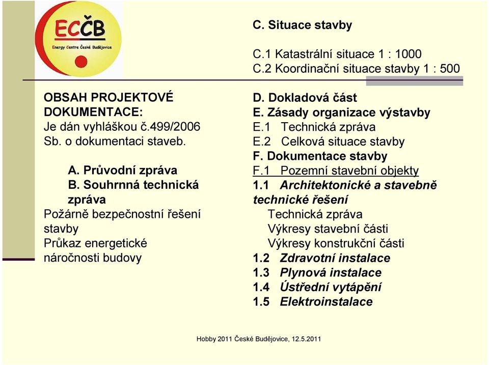 Dokladová část E. Zásady organizace výstavby E.1 Technická zpráva E.2 Celková situace stavby F. Dokumentace stavby F.1 Pozemní stavební objekty 1.