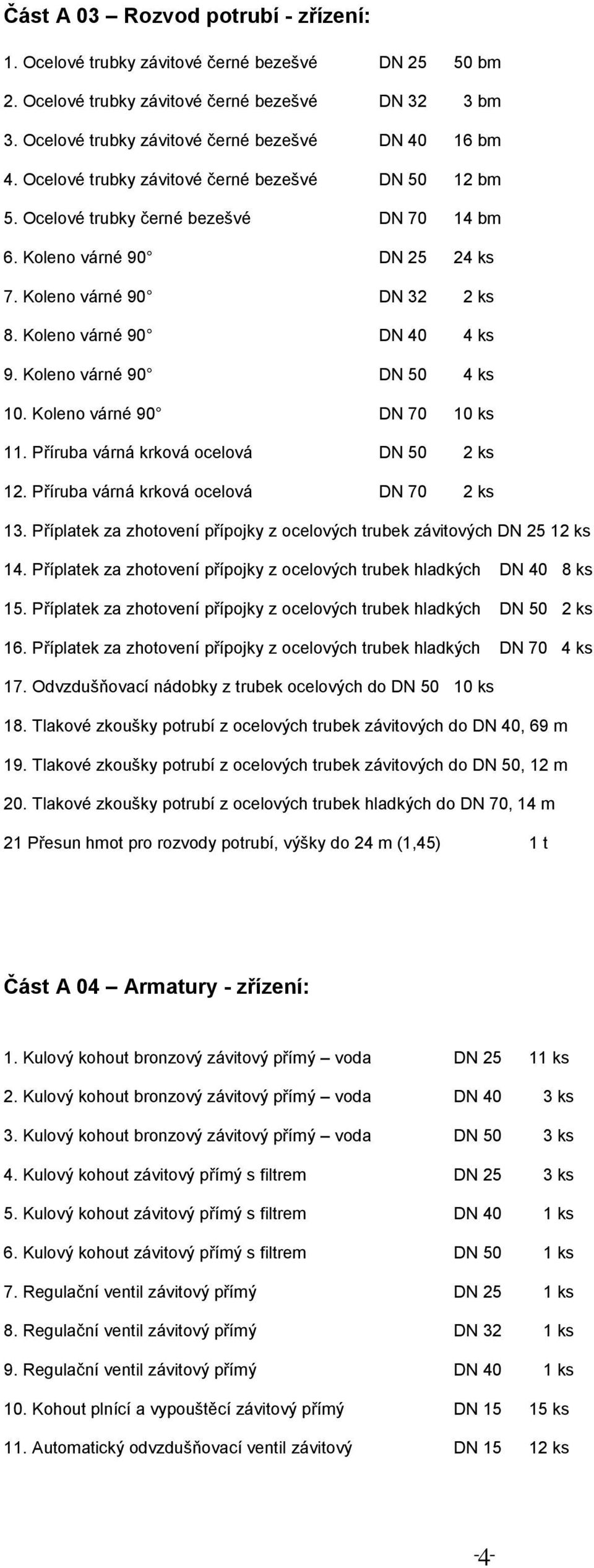 Koleno várné 90 DN 50 4 ks 10. Koleno várné 90 DN 70 10 ks 11. Příruba várná krková ocelová DN 50 2 ks 12. Příruba várná krková ocelová DN 70 2 ks 13.