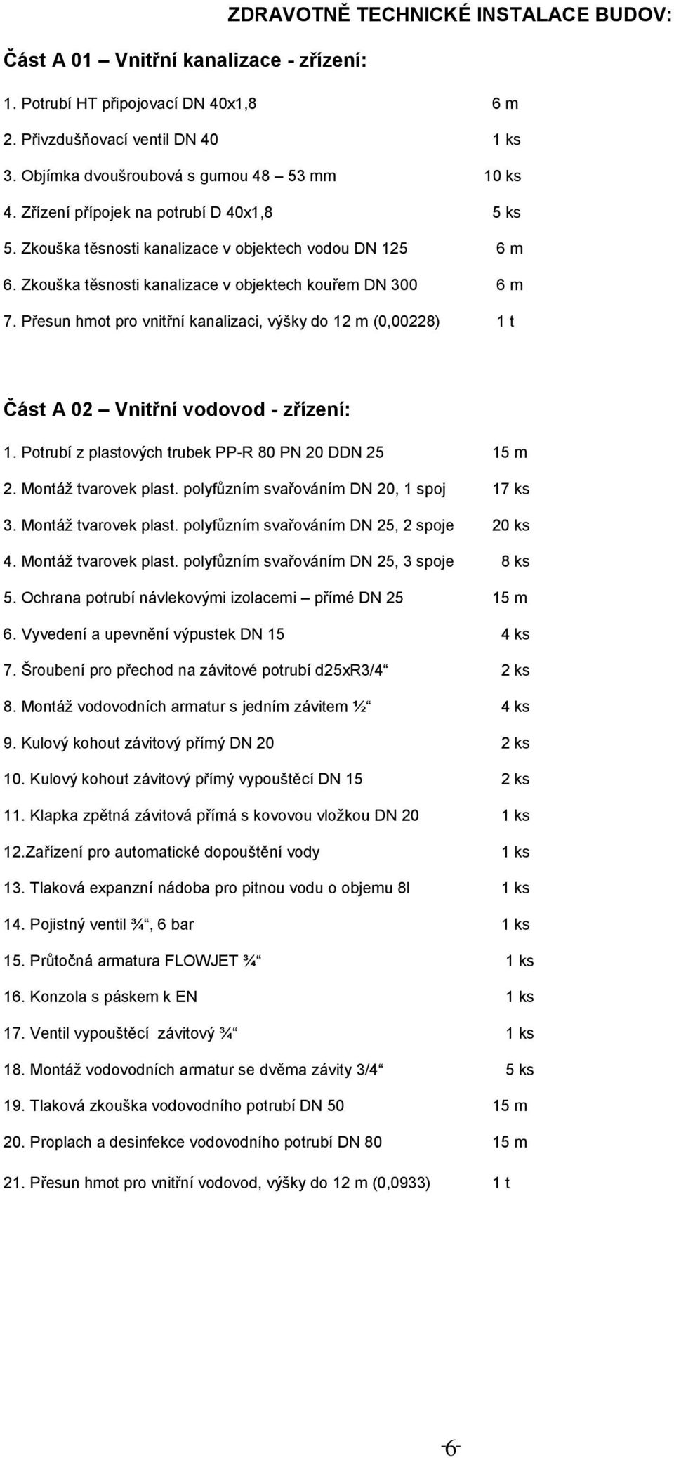 Zkouška těsnosti kanalizace v objektech kouřem DN 300 6 m 7. Přesun hmot pro vnitřní kanalizaci, výšky do 12 m (0,00228) 1 t Část A 02 Vnitřní vodovod - zřízení: 1.