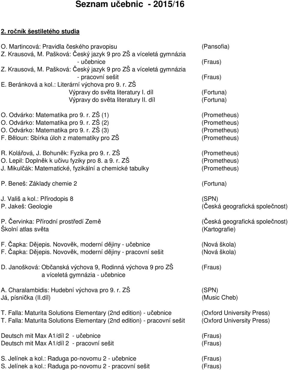 Odvárko: Matematika pro 9. r. ZŠ (2) (Prometheus) O. Odvárko: Matematika pro 9. r. ZŠ (3) (Prometheus) F. Běloun: Sbírka úloh z matematiky pro ZŠ (Prometheus) R. Kolářová, J. Bohuněk: Fyzika pro 9. r. ZŠ (Prometheus) O.