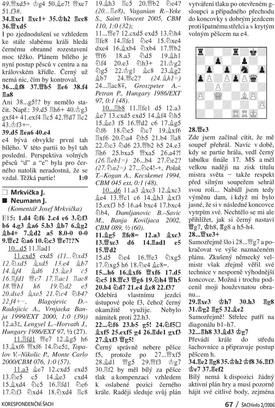 exf4 c5 42. d7 c2 43. f3+-. 39.d5 ea6 40.e4 e4 bývá obvykle první tah bílého. V této partii to byl tah poslední. Perspektiva volných pěsců d a e byla pro černého natolik neradostná, že se vzdal.