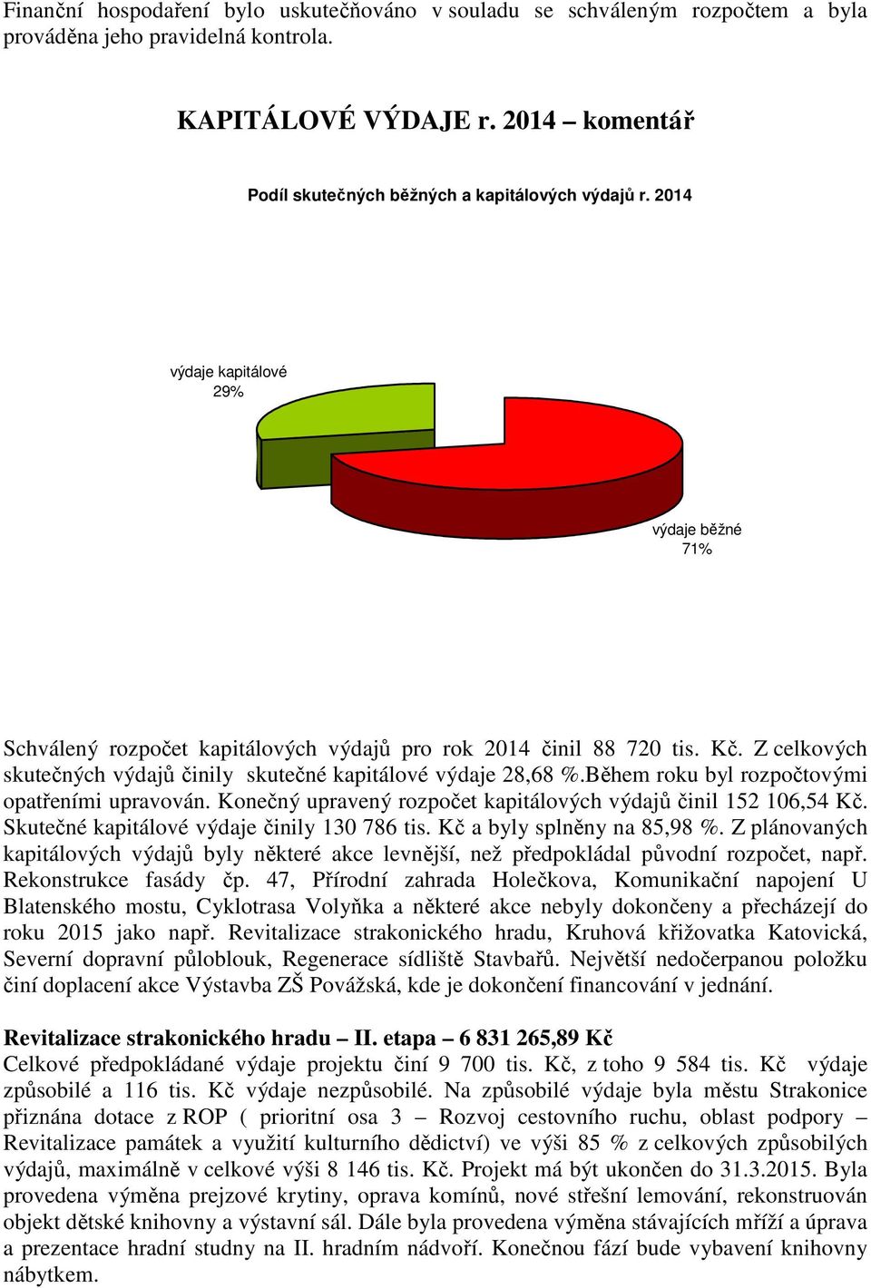 Z celkových skutečných výdajů činily skutečné kapitálové výdaje 28,68 %.Během roku byl rozpočtovými opatřeními upravován. Konečný upravený rozpočet kapitálových výdajů činil 152 106,54 Kč.