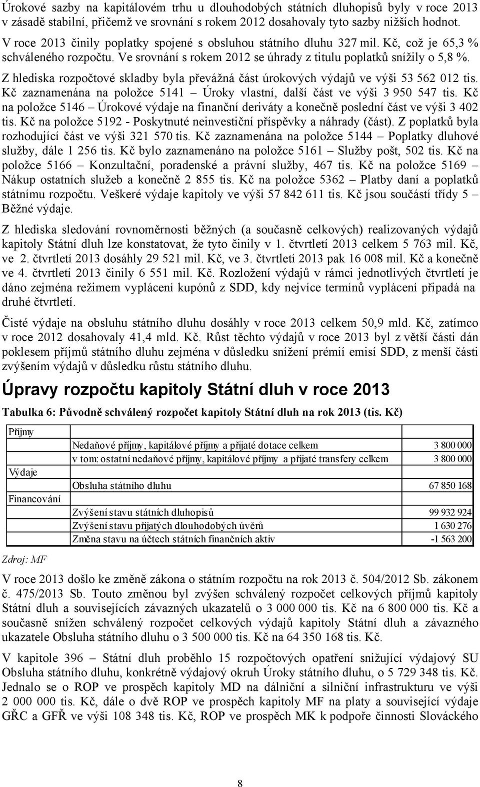 Z hlediska rozpočtové skladby byla převážná část úrokových výdajů ve výši 53 562 012 tis. Kč zaznamenána na položce 5141 Úroky vlastní, další část ve výši 3 950 547 tis.