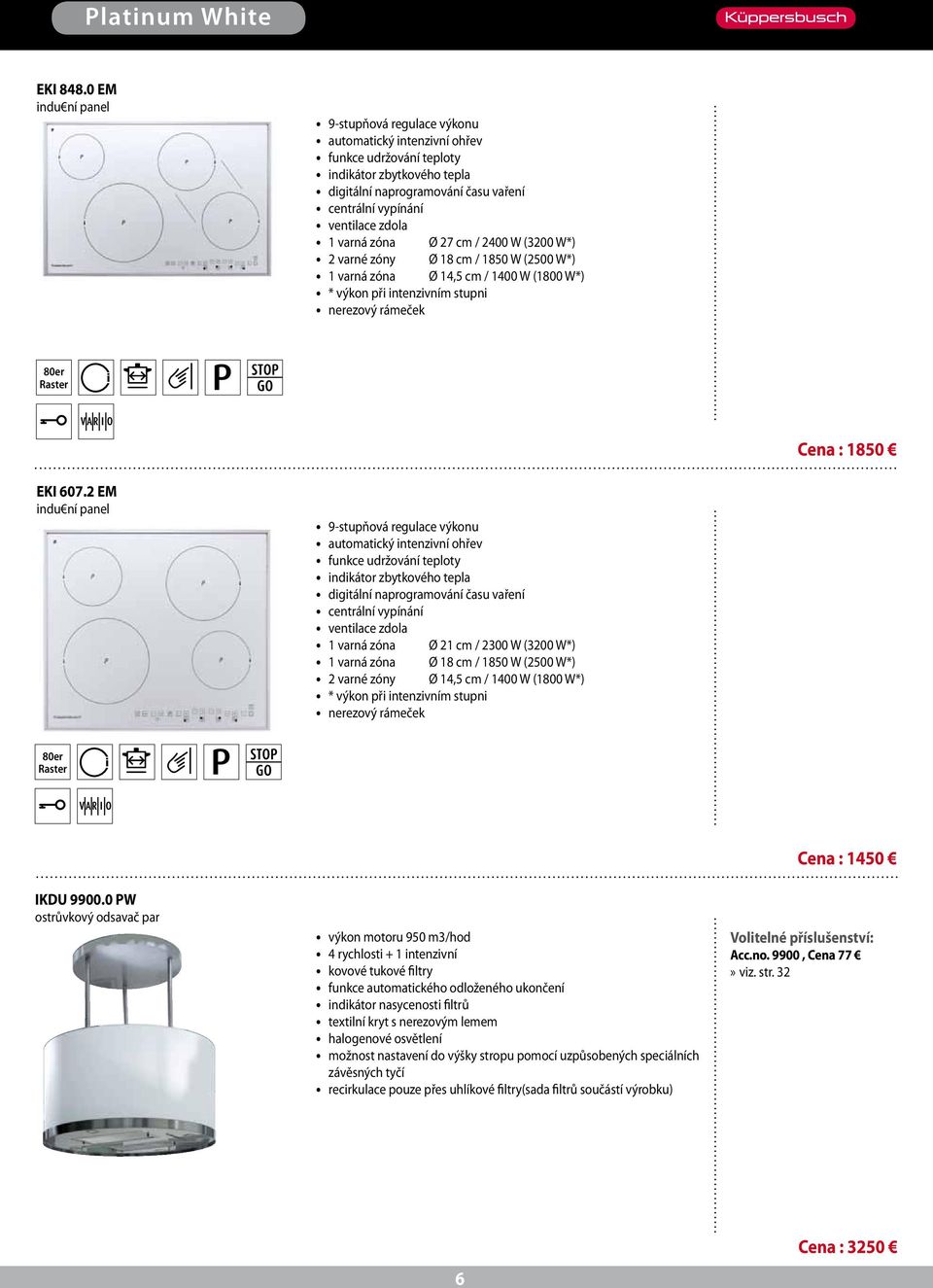 (3200 W*) 2 varné zóny Ø 18 / 1850 W (2500 W*) 1 varná zóna Ø 14,5 / 1400 W (1800 W*) * výkon při intenzivním stupni nerezový rámeček 80er Raster Cena : 1850 EKI 7.