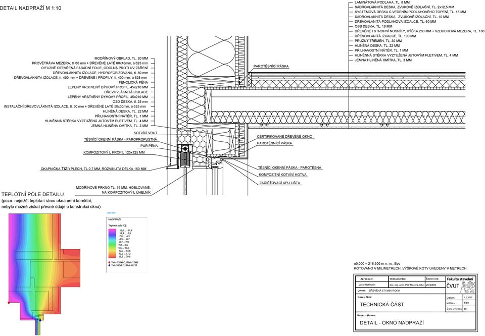 10 MM DŘEVOVLÁNITÁ PODLAHOVÁ IZOALCE, TL. 60 MM OSB DESKA, TL. 18 MM DŘEVĚNÉ I STROPNÍ NOSNÍKY, VÝŠKA 280 MM + VZDUCHOVÁ MEZERA, TL. 180 M DŘEVOVLÁNITÁ IZOALCE, TL. 100 MM PRUŽNÝ TŘEMEN, TL.