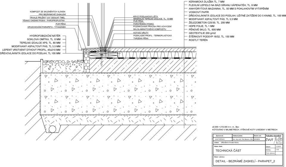 10 MM KOTVÍCÍ VRUTY PODKLADNÍ PROFIL - TERMOPLASTICKÁ TVRZENÁ PĚNA KERAMICKÁ DLAŽBA TL. 7 MM FLEXILNÍ LEPIDLO NA BÁZI SÍRANU VÁPENATÉH, TL. 6 MM ANHYDRYTOVÁ MAZANINA, TL.