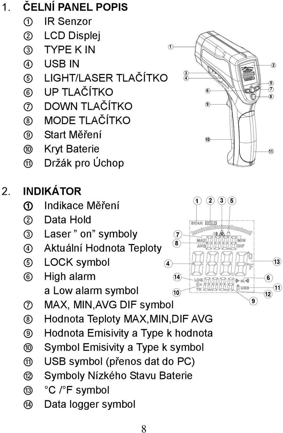 INDIKÁTOR 1 Indikace Měření 2 Data Hold 3 Laser on symboly 7 8 4 Aktuální Hodnota Teploty 5 LOCK symbol 4 6 High alarm a Low alarm symbol 7 MAX,