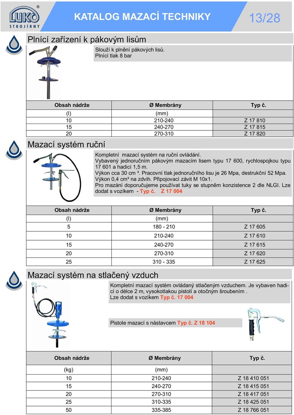 Vybavený jednoru ním pákovým mazacím lisem typu 17 600, rychlospojkou typu 17 601 a hadicí 1,5 m. Výkon cca 30 cm ³. Pracovní tlak jednoru ního lisu je 26 Mpa, destruk ní 52 Mpa.