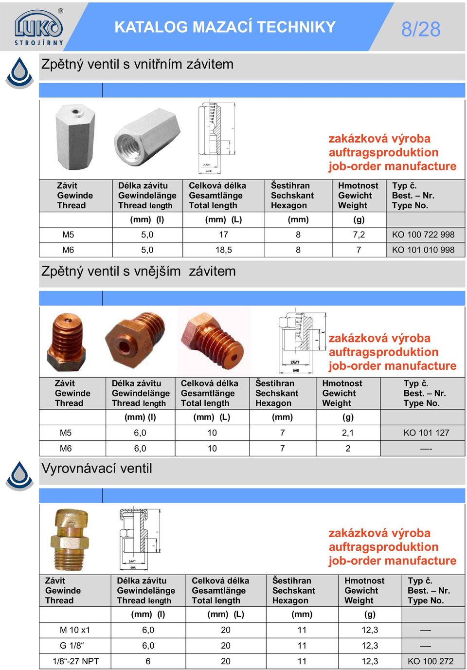 6,0 10 7 2,1 KO 101 127 M6 6,0 10 7 2 - Vyrovnávací ventil zakázková výroba auftragsproduktion job-order manufacture Délka závitu länge length (mm) (l)