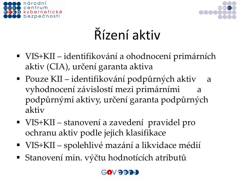 aktivy, určení garanta podpůrných aktiv VIS+KII stanovení a zavedení pravidel pro ochranu aktiv