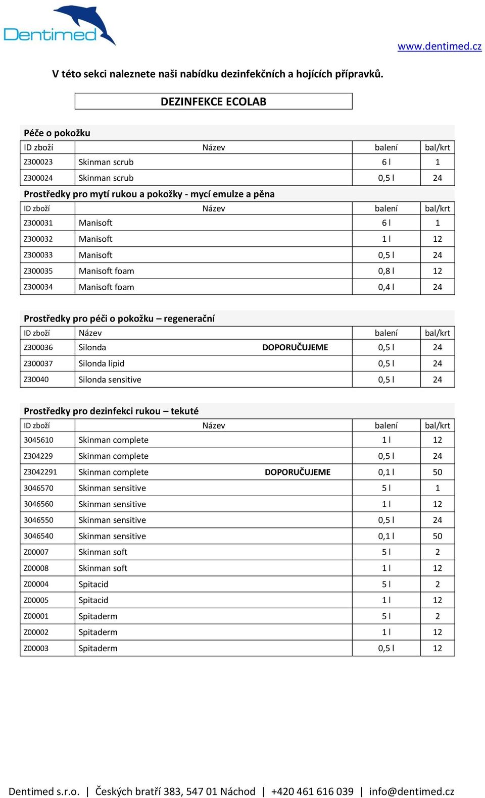 Z300033 Manisoft 0,5 l 24 Z300035 Manisoft foam 0,8 l 12 Z300034 Manisoft foam 0,4 l 24 Prostředky pro péči o pokožku regenerační Z300036 Silonda DOPORUČUJEME 0,5 l 24 Z300037 Silonda lipid 0,5 l 24