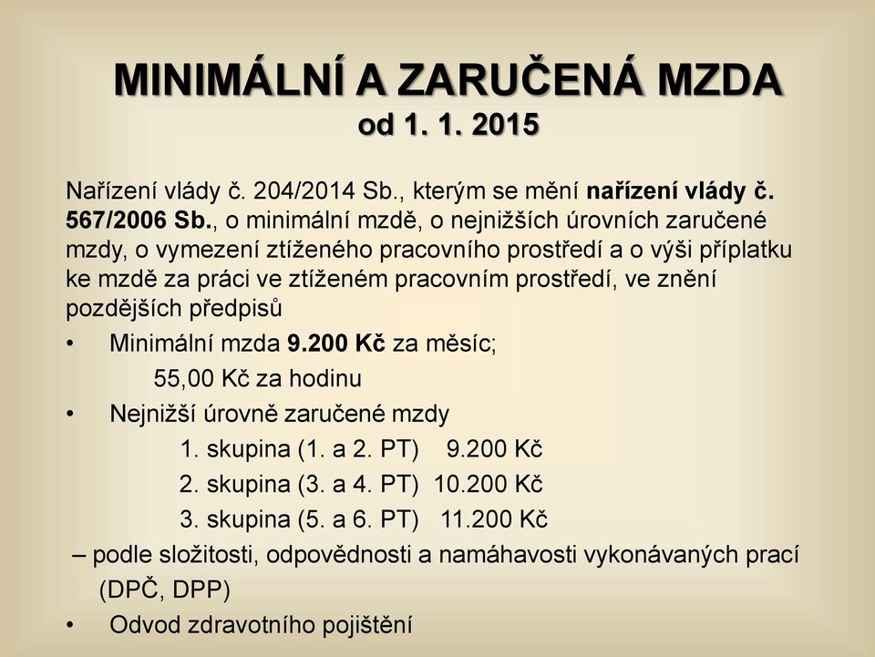 pracovním prostředí, ve znění pozdějších předpisů Minimální mzda 9.200 Kč za měsíc; 55,00 Kč za hodinu Nejnižší úrovně zaručené mzdy 1. skupina (1.