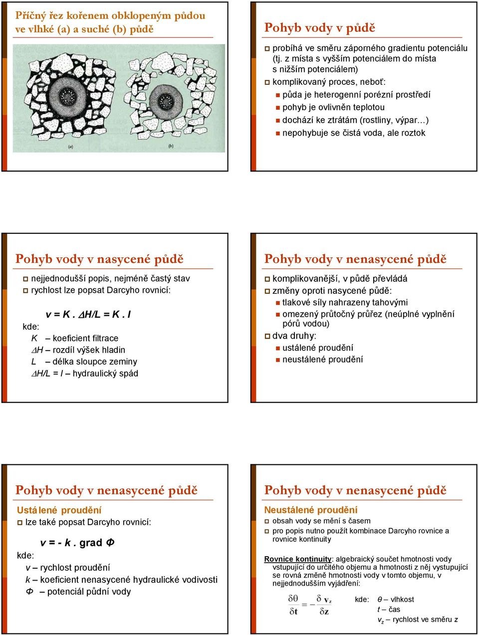 nepohybuje se čistá voda, ale roztok Pohyb vody v nasycené půdě nejjednodušší popis, nejméně častý stav rychlost lze popsat Darcyho rovnicí: v = K. ΔH/L = K.
