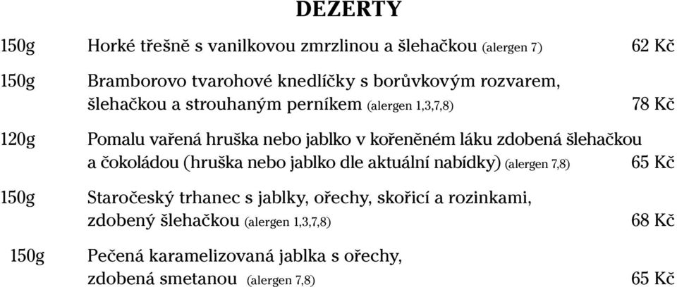 zdobená šlehačkou a čokoládou (hruška nebo jablko dle aktuální nabídky) (alergen 7,8) 65 Kč Staročeský trhanec s jablky, ořechy,