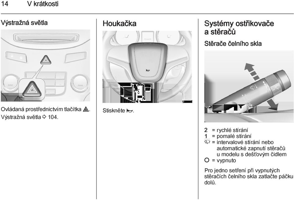 2 = rychlé stírání 1 = pomalé stírání P = intervalové stírání nebo automatické zapnutí