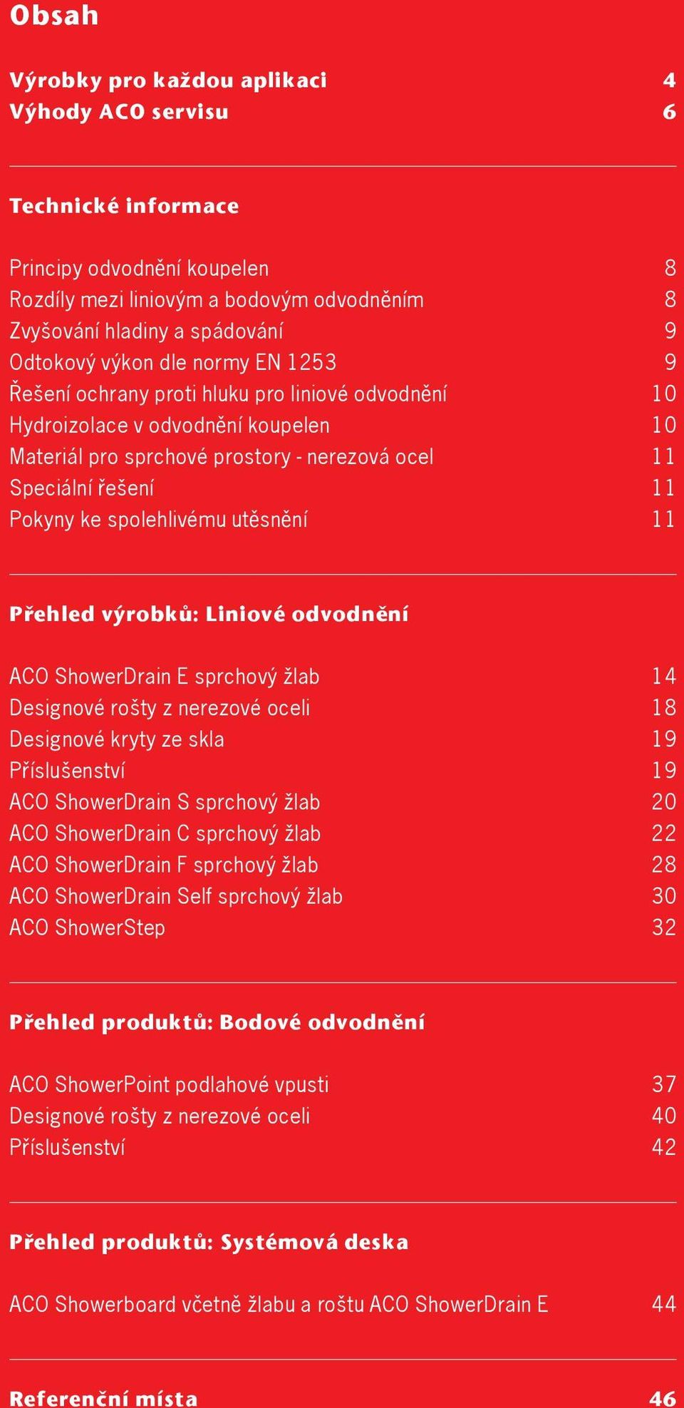 spolehlivému utěsnění 11 Přehled výrobků: Liniové odvodnění ACO ShowerDrain E sprchový žlab 14 Designové rošty z nerezové oceli 18 Designové kryty ze skla 19 Příslušenství 19 ACO ShowerDrain S