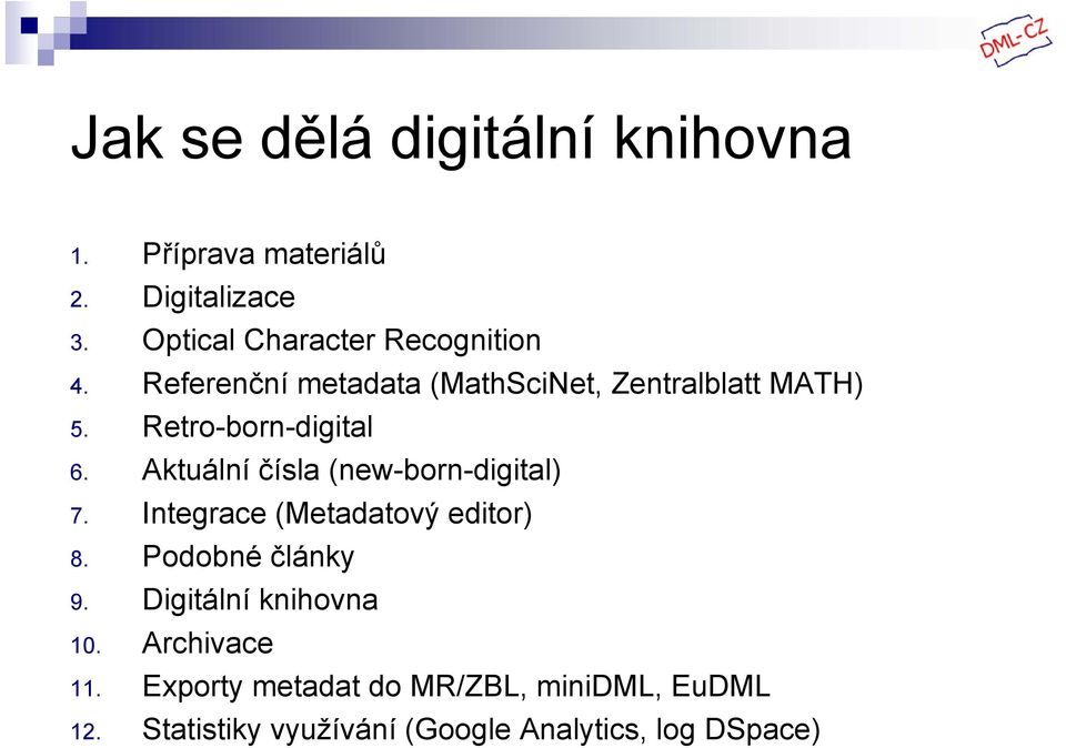 Retro-born-digital 6. Aktuální čísla (new-born-digital) 7. Integrace (Metadatový editor) 8.